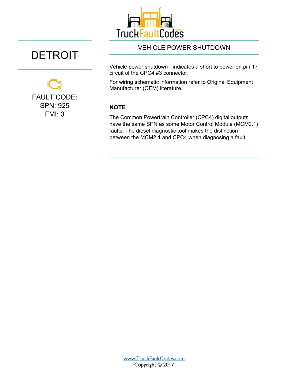 SPN 925 FMI 3 — Vehicle Power Shutdown (CPC4 #3 Short to Power) - page 1 is available after signing in