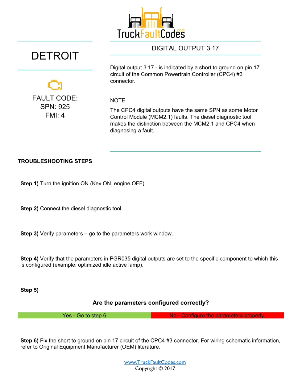 SPN 925 FMI 4 — Digital Output 3 17 Short to Ground — Detroit DD - page 1 is available after signing in