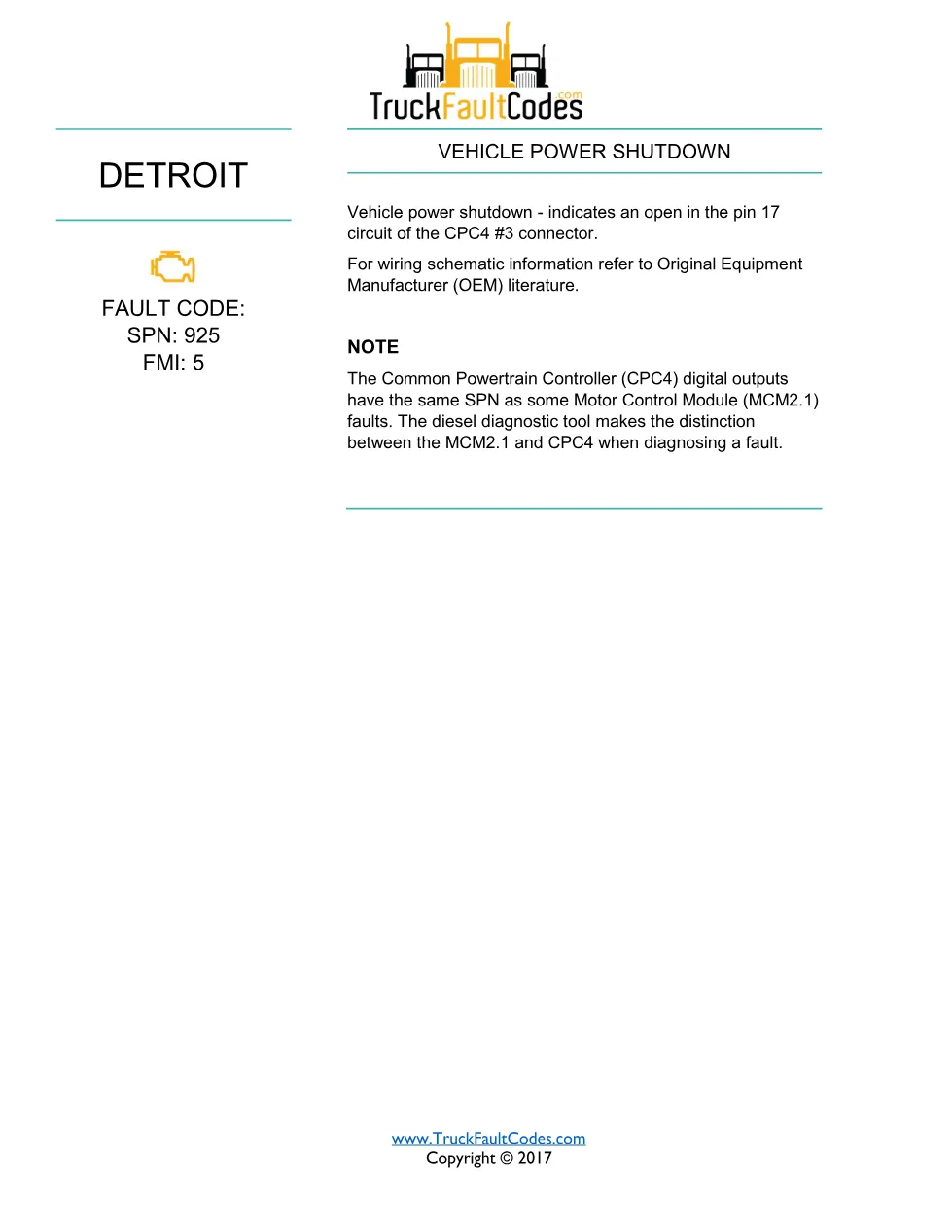 SPN 925 FMI 5 — Vehicle Power Shutdown (CPC4 #3 Open Circuit) - page 1 is available after signing in