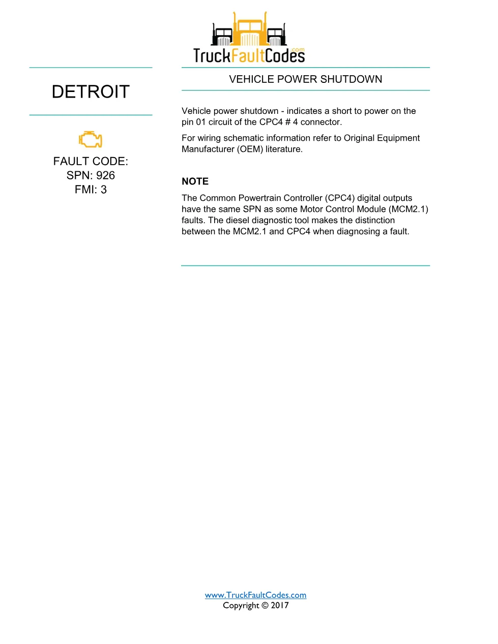 SPN 926 FMI 3 — Vehicle Power Shutdown (Short to Power) — Detroit - page 1 is available after signing in
