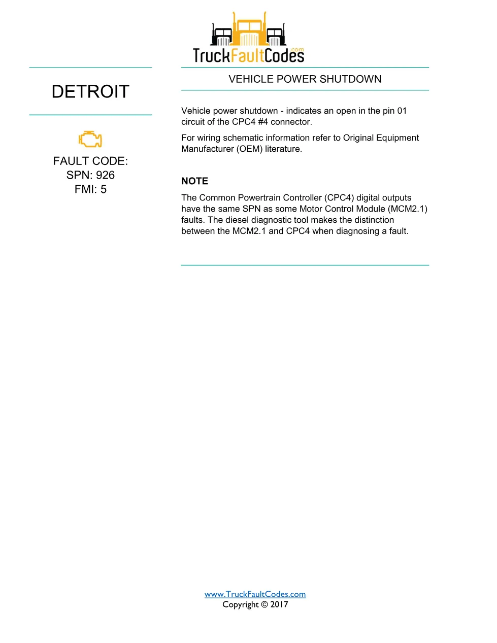 SPN 926 FMI 5 — Detroit DD Series Vehicle Power Shutdown Open - page 1 is available after signing in