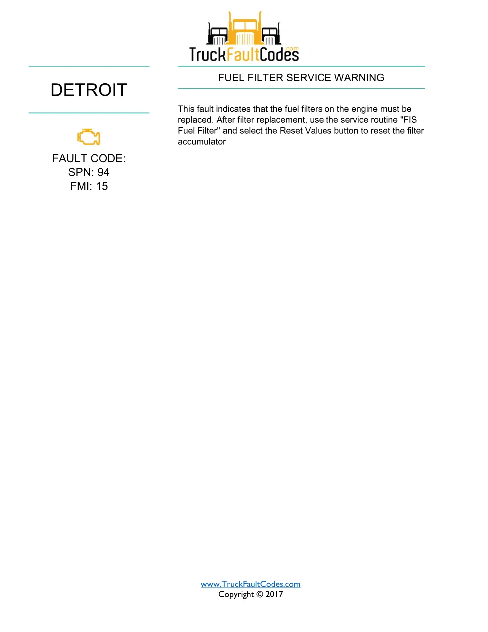 SPN 94 FMI 15 — Fuel Filter Service Warning — Detroit DD Series - page 1 is available after signing in