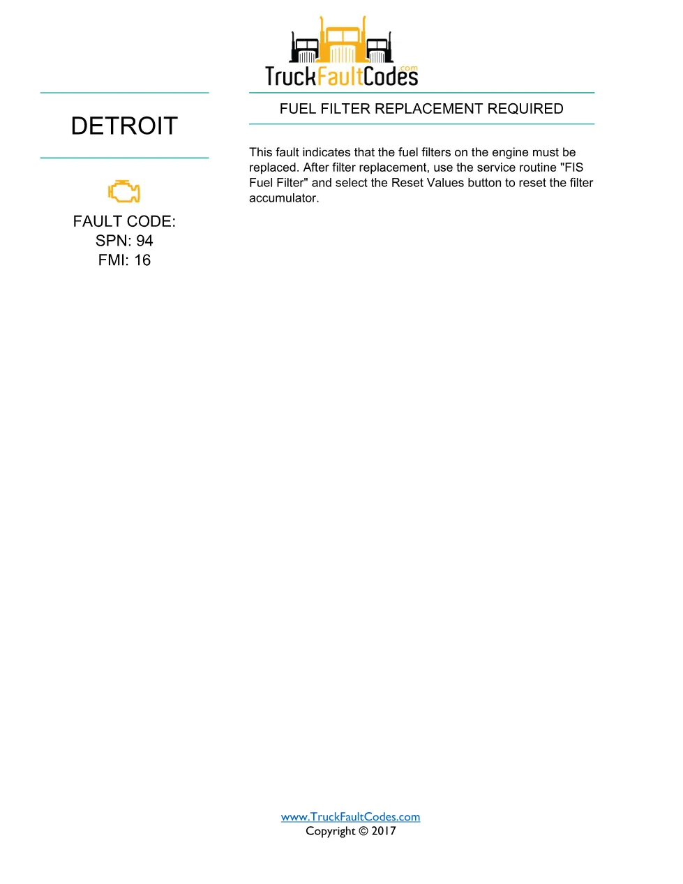 SPN 94 FMI 16 — Fuel Filter Replacement Required — Detroit DD - page 1 is available after signing in