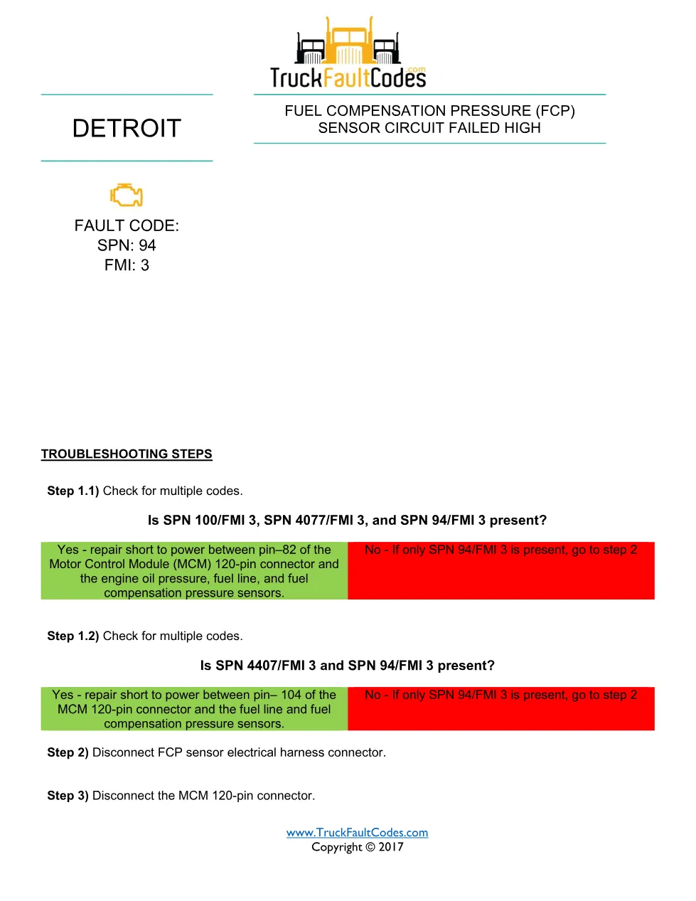 SPN 94 FMI 3 — Fuel Compensation Pressure Sensor Circuit Failed - preview page 1 of 2