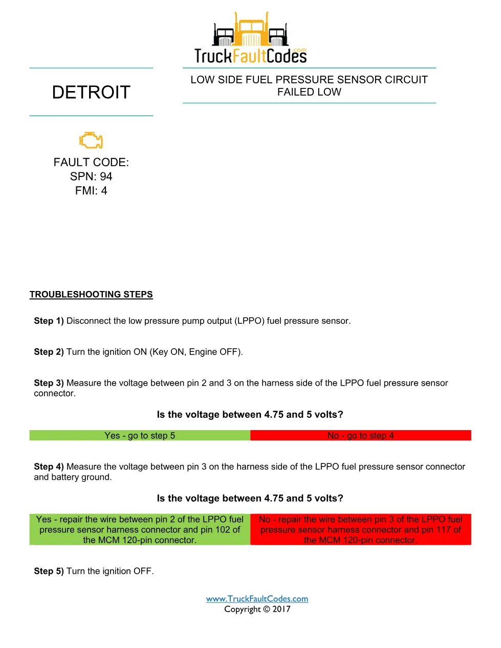 SPN 94 FMI 4 — Low Side Fuel Pressure Sensor Circuit Failed Low - preview page 1 of 2