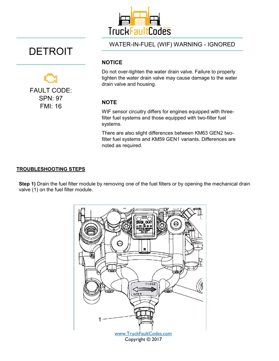 SPN 97 FMI 16 — Water-In-Fuel Warning Ignored — Detroit DD Series - preview page 1 of 4
