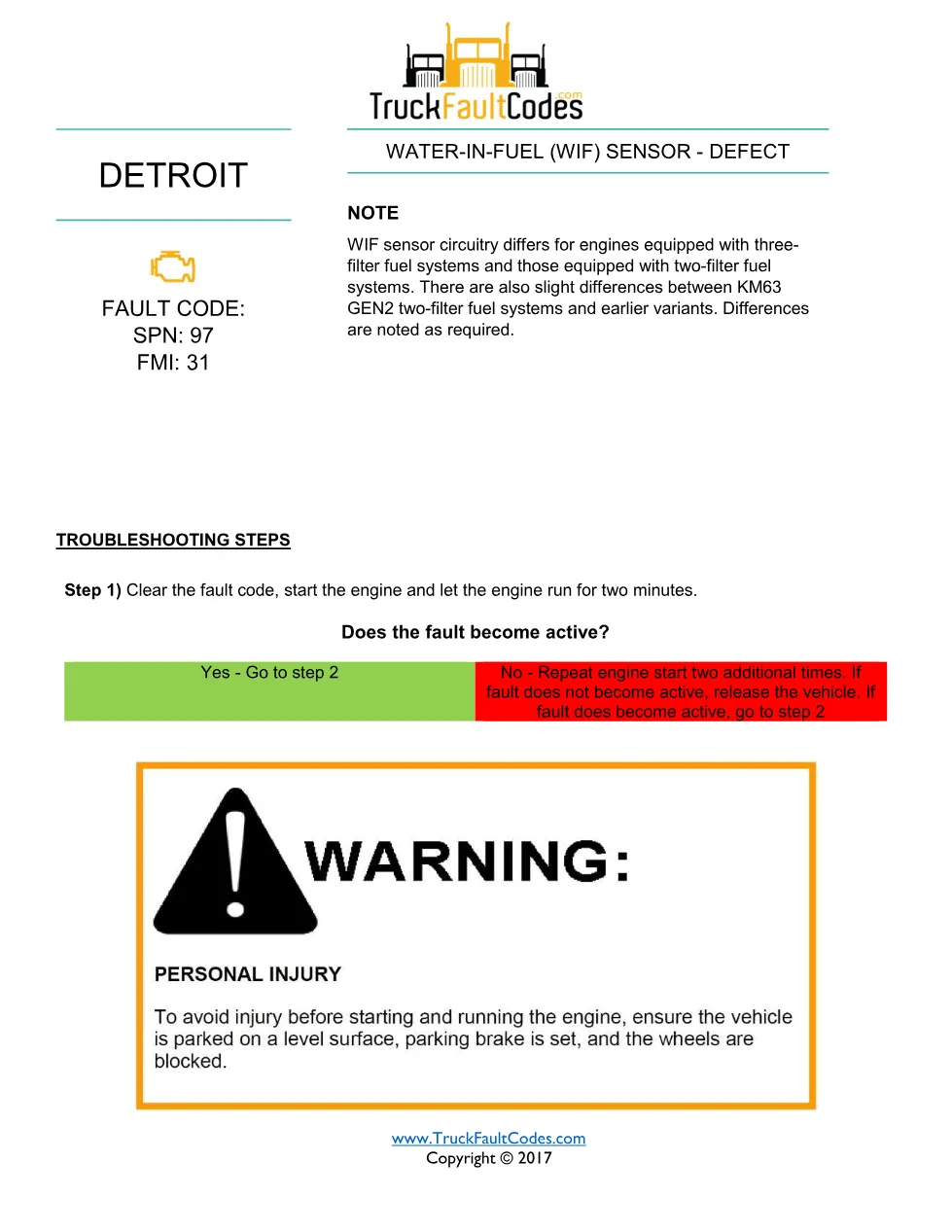 SPN 97 FMI 31 — Water-In-Fuel Sensor Defect — Detroit DD Series - preview page 1 of 4