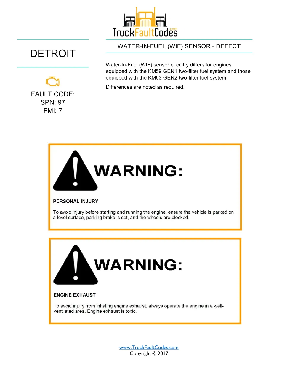 SPN 97 FMI 7 — Water-In-Fuel Sensor Defect — Detroit DD Series - preview page 1 of 4