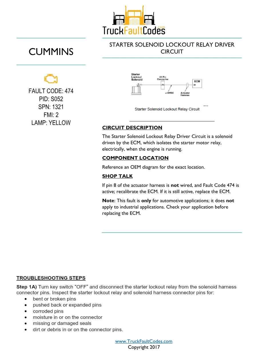 Starter solenoid lockout relay — Cummins Fault Code 474 (S052, - preview page 1 of 6