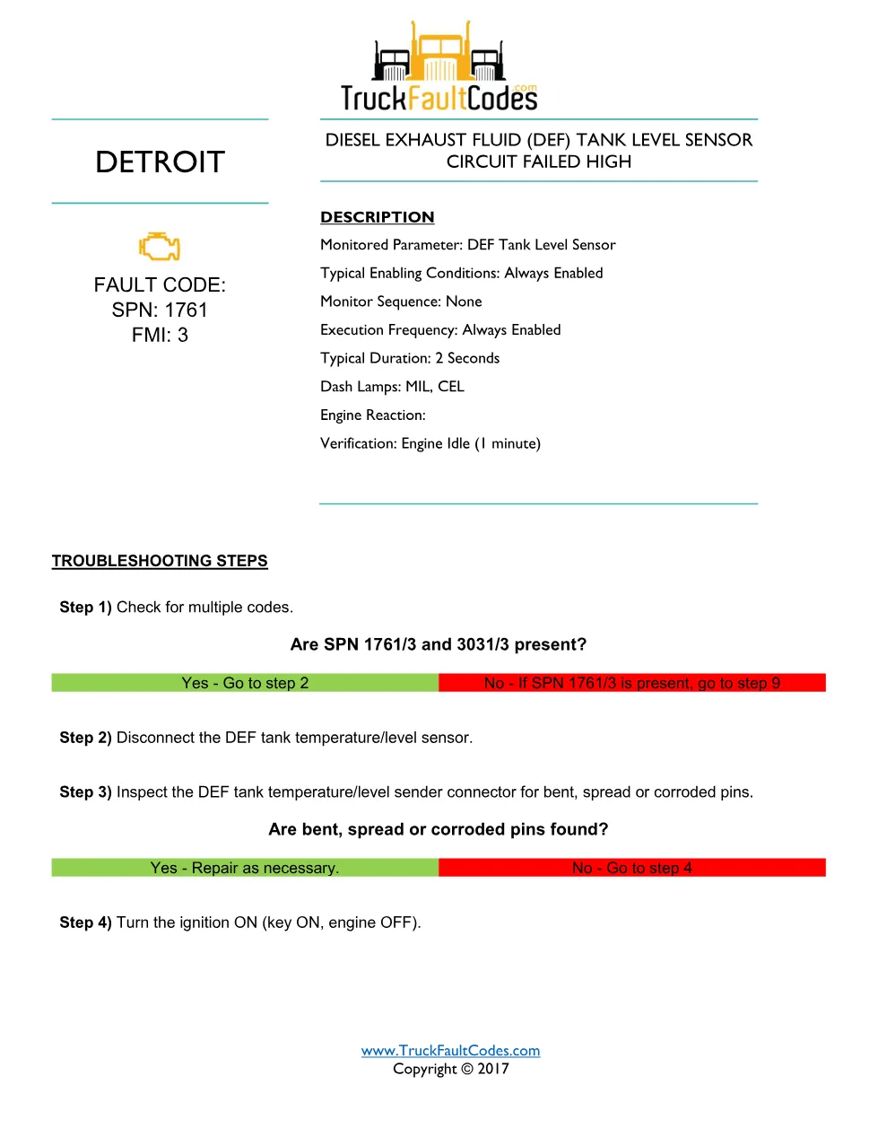 tank level sensor DTCs Circuit Failed High — Detroit SPN 1761 FMI - preview page 1 of 3