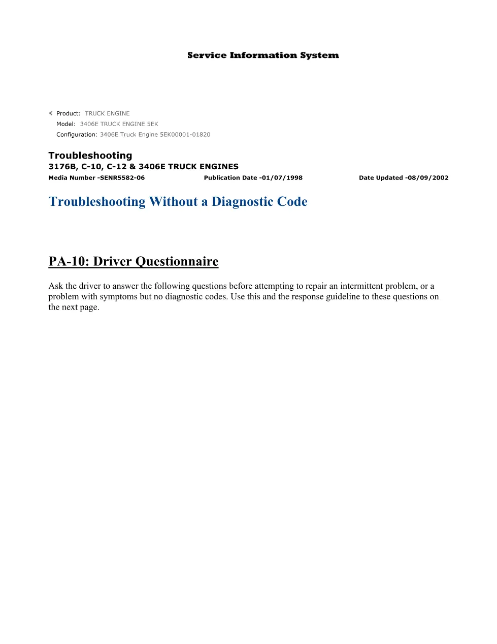 Troubleshooting without diagnostic code — CAT 3406E C-10 C-12 - preview page 1 of 6