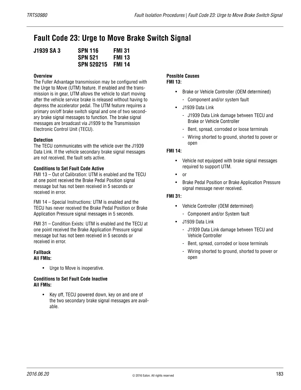 Urge to Move — Eaton Fault Code 23 Brake Switch Signal, TRTS0980 - page 1 is available after signing in
