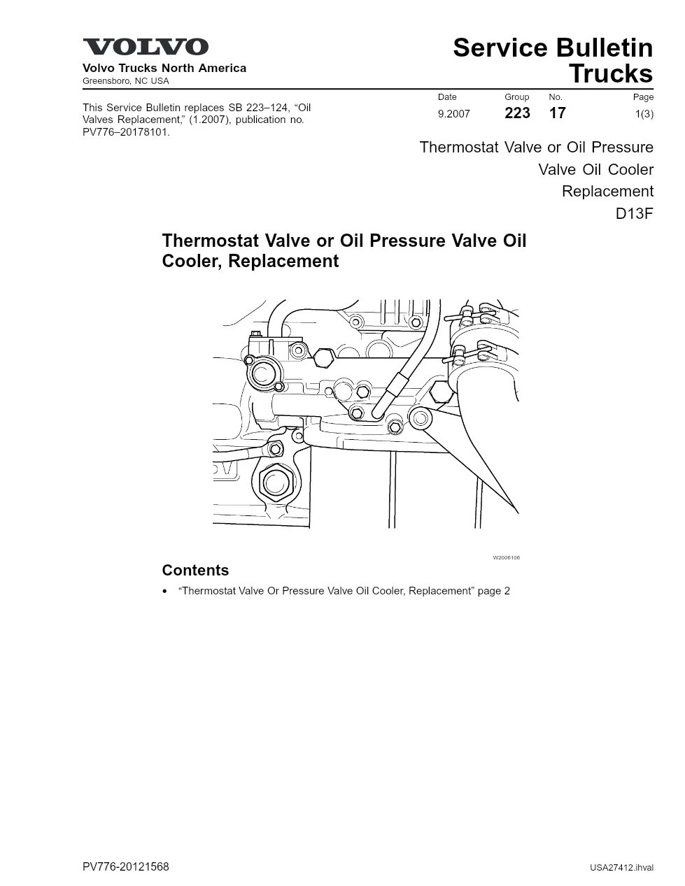 Volvo D13 thermostat valve — Service Bulletin 223-17 - preview page 1 of 3