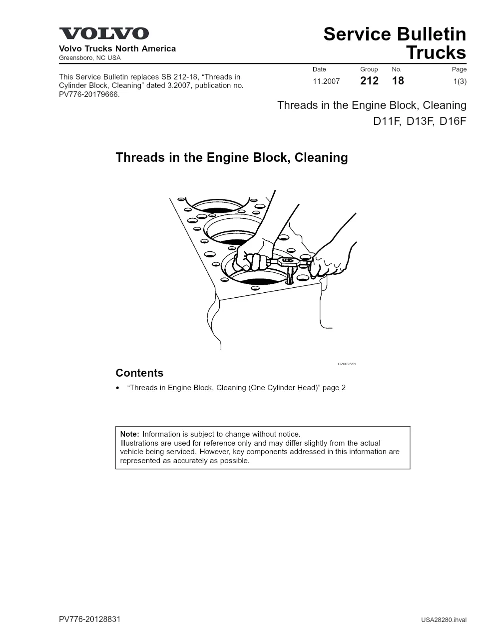 Volvo engine block thread — Service Bulletin 212-18 — PDF, 3 - preview page 1 of 3