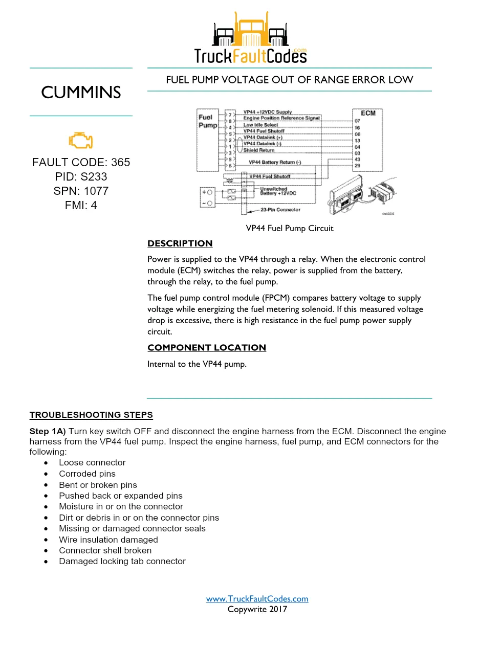 VP44 fault code DTCs document — Fault Code 365 — PDF, 4 pages - preview page 1 of 3