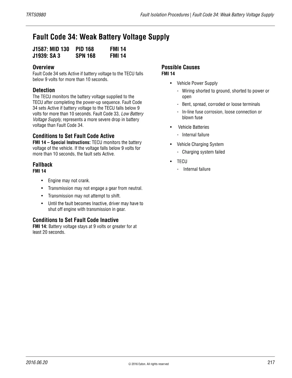 Weak Battery Voltage Supply — Eaton Fault Code 34 Fuller – PDF - preview page 1 of 2