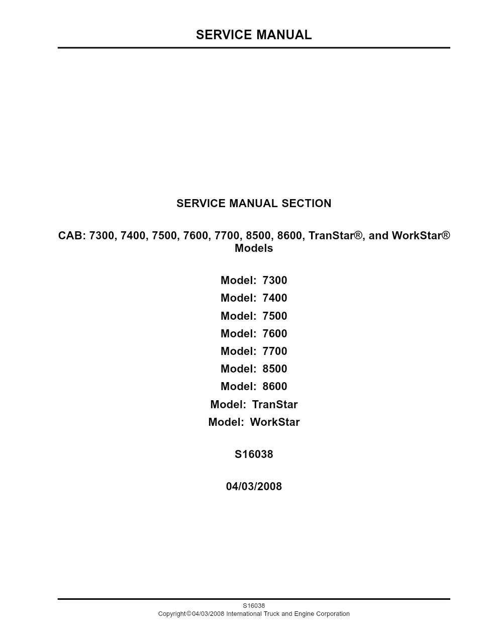 WorkStar cab service manual S16038 — 7300–8600 TranStar WorkStar - preview page 1 of 6