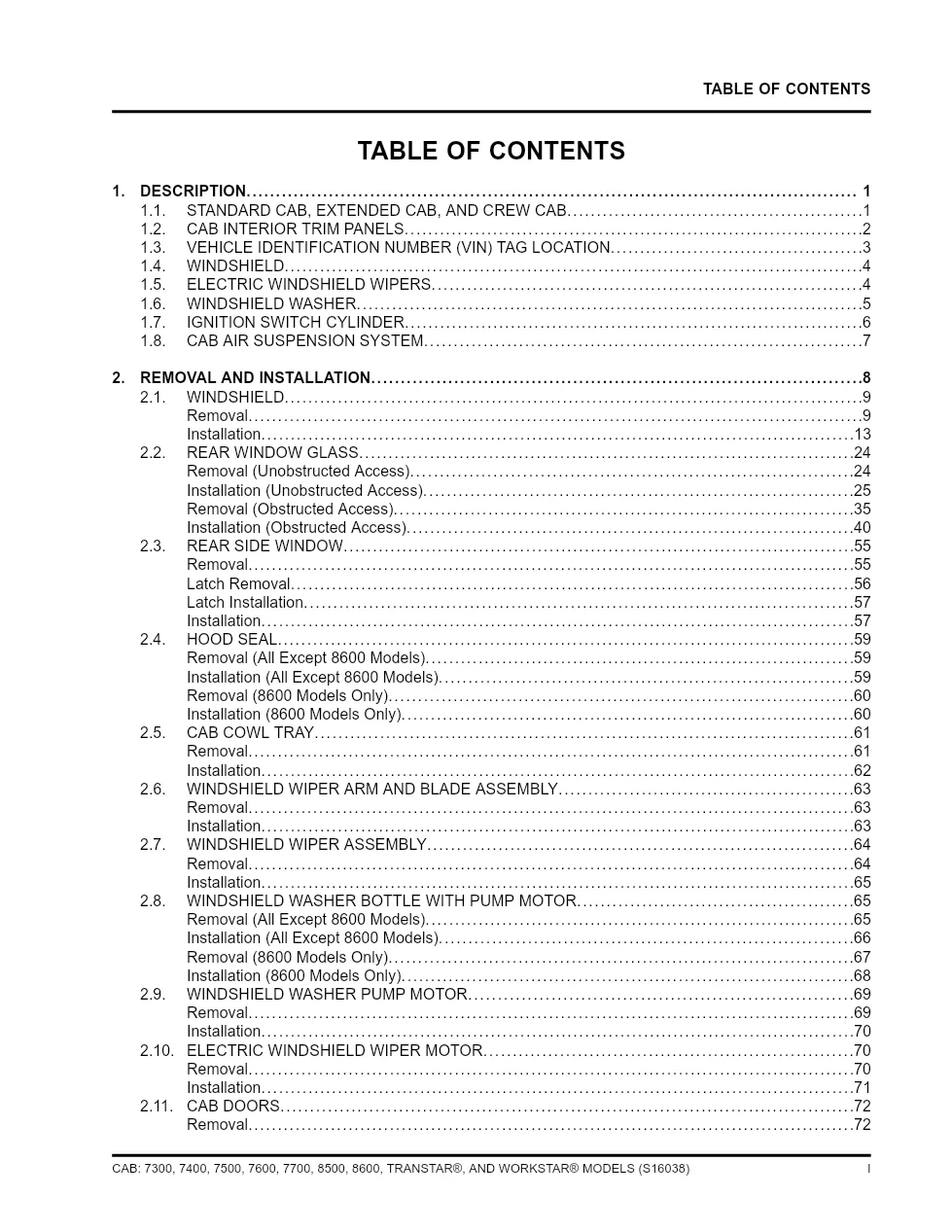 WorkStar cab service manual S16038 — 7300–8600 TranStar WorkStar - page 3 is available after signing in